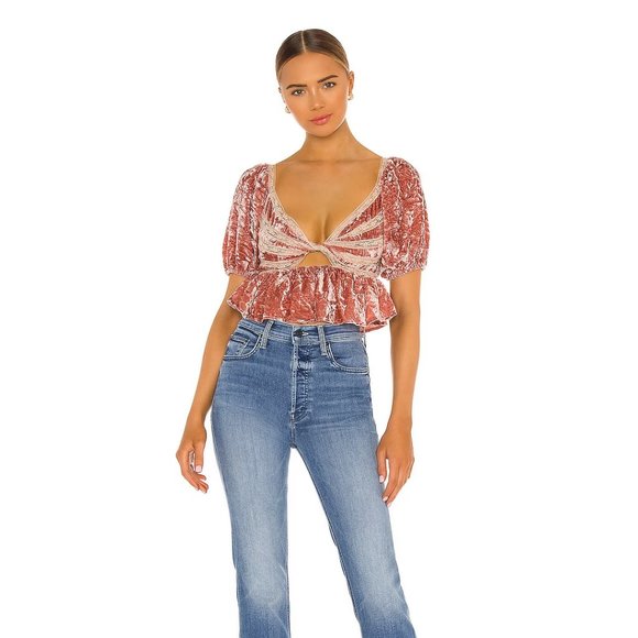 FREE PEOPLE - NWOT "Yours Truly" Crushed Velvet Peplum Top in Mauve (M) β§ - Picture 5 of 5